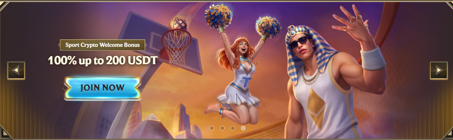 Sport crypto welcome bonus banner offering 100% up to 200 USDT with a “Join Now” button, featuring basketball court visuals and stylish animated characters.