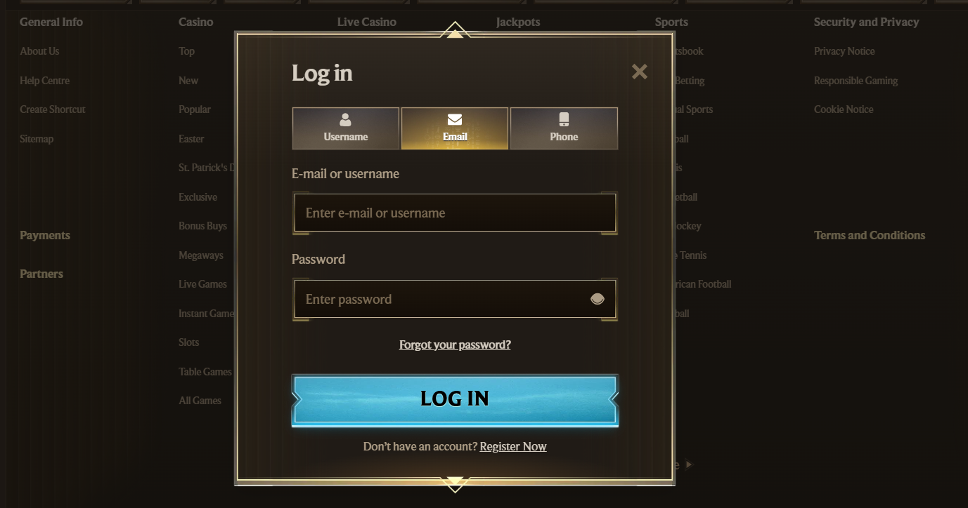 Casino login modal with tabs for username, email, and phone, featuring input fields, a “Forgot password?” link, and a prominent blue “Log In” button on a dark-themed interface.